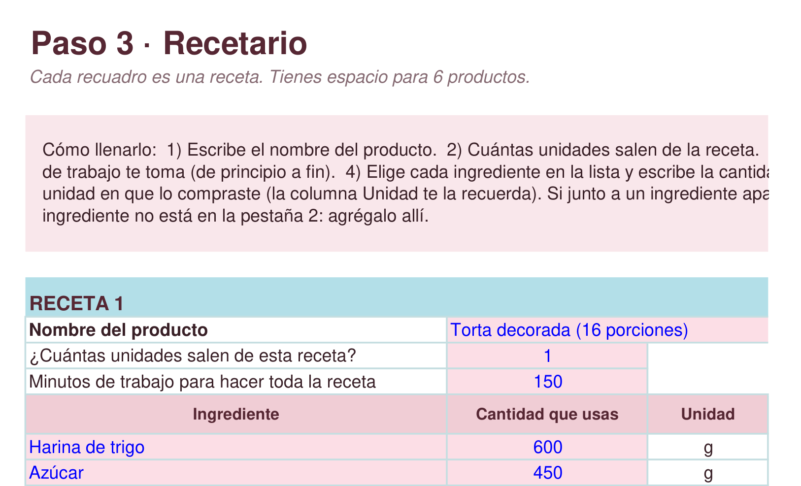 Adelanto parcial del recetario de la plantilla, con un recuadro por producto